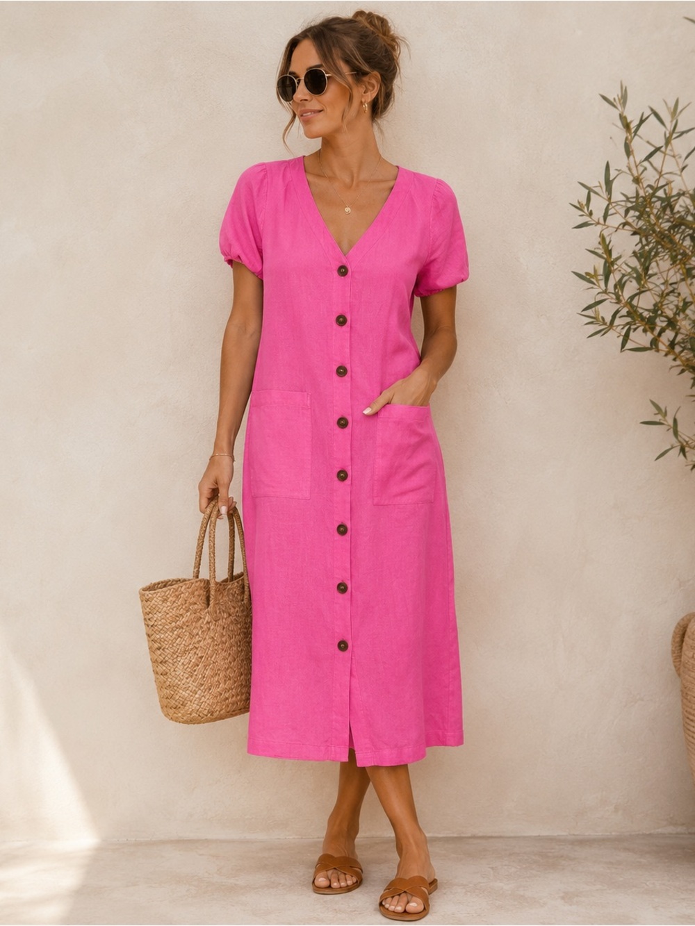 Lou & Grey 100% Linen Hot Pink Button Front Midi Dress NWT Medium